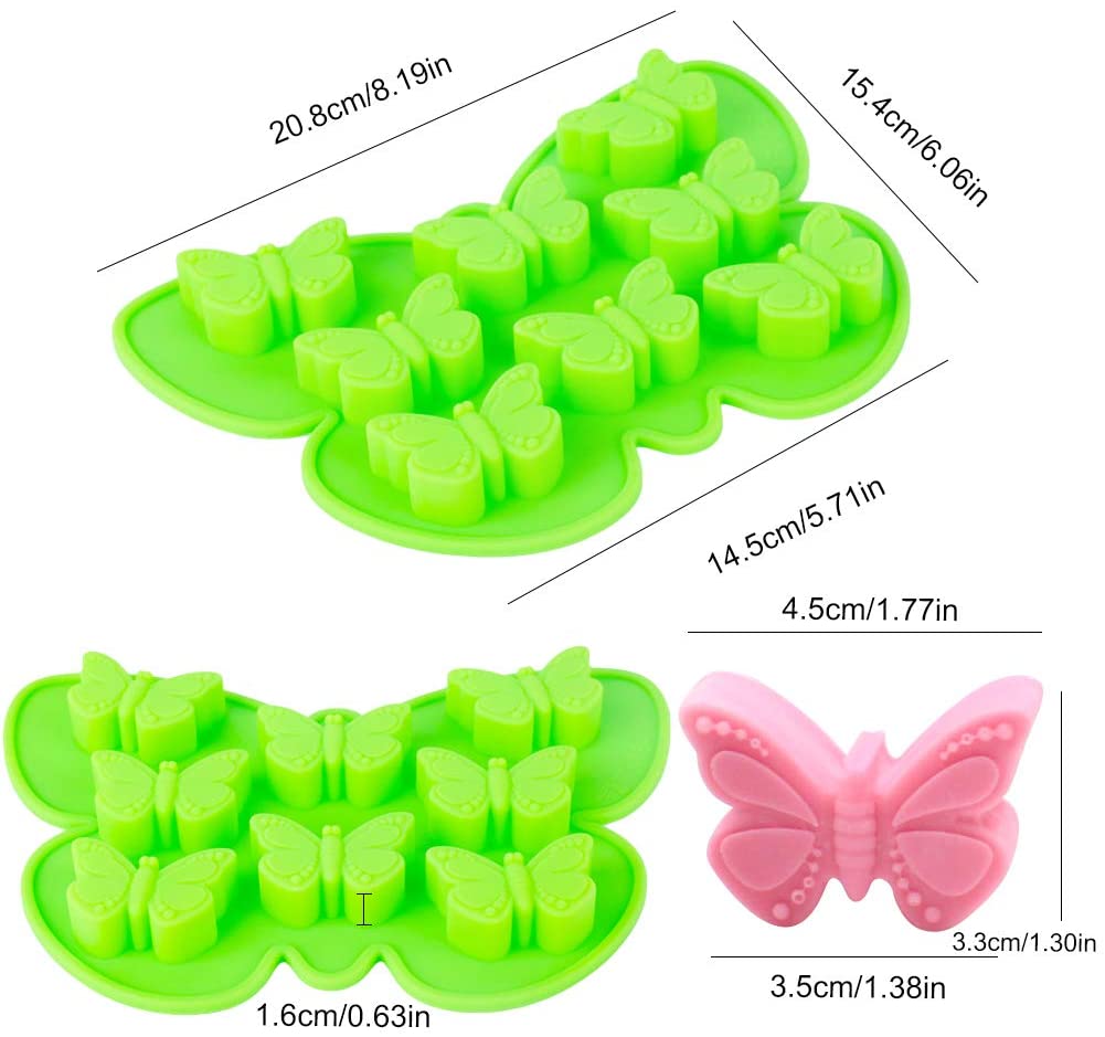 Delidge 2 팩 나비 케이크 금형 실리콘 초콜릿 캔디 베이킹 금형 베이킹 케이크, 비누, 빵, 머핀, 젤리 등을위한 비 스틱 나비 모양의 아이스 큐브 트레이 (레드 + 그린)