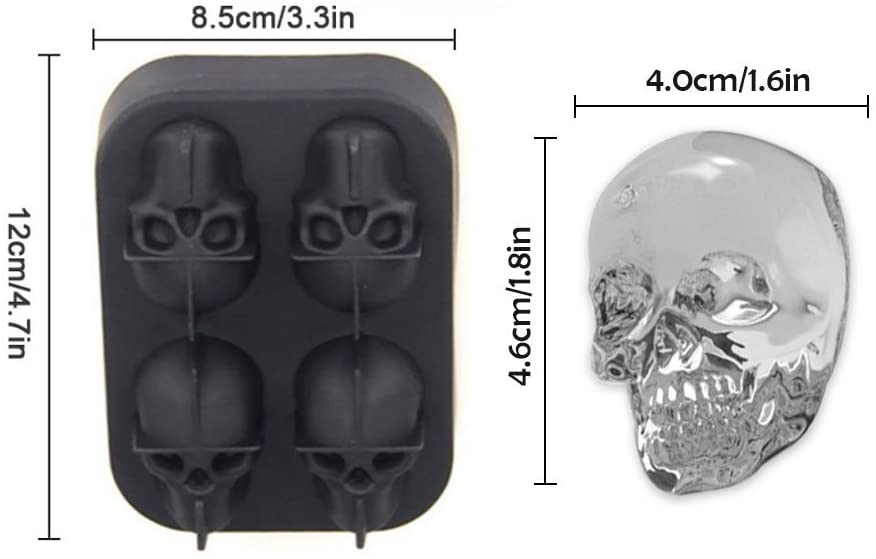 파와카 3D두개골 모양 검은 색 BPA프리 실리콘 얼음 큐브 몰드 트레이는 4개의 비비드 스켈을 만듭니다. 위스키, 칵테일 및 모든 음료에 완벽합니다.