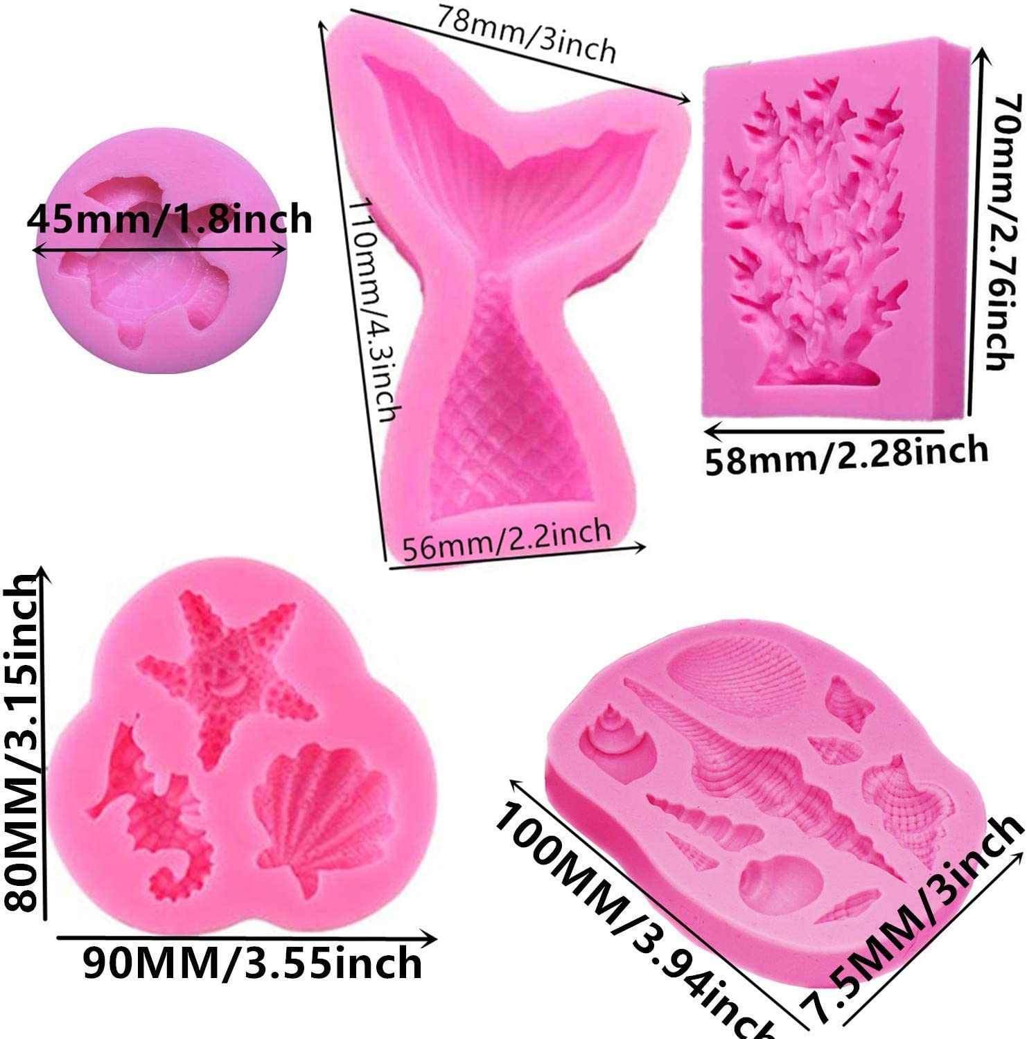 해양 테마 퐁당 실리콘 몰드 (6 팩) 인어 꼬리 몰드 조개 몰드 불가사리 몰드 해마 몰드 산호 몰드 바다 거북 인어 테마 파티 케이크 장식을위한 초콜릿 캔디 몰드
