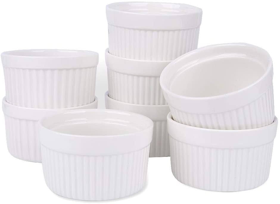 Porcelain Ramekins, SZUAH Ramekin Set of 8, 6oz (3.5 INCH) for Baking, Creme Brulee, Souffle, Appetizer, Custard, Pudding, Dipping Bowl.