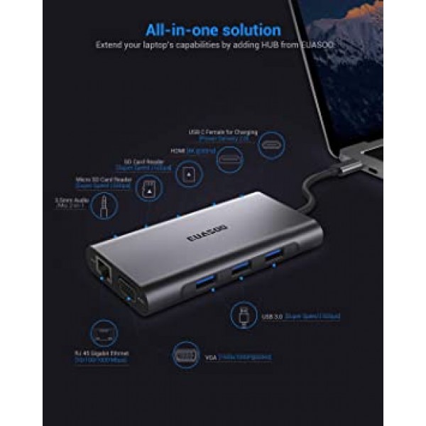 USB C 허브, USB C 어댑터, EUASOO 10 in 1 Thunderbolt 3 허브 1000M RJ45 이더넷, 4K HDMI, VGA, USB 3.0 포트 3개, PD 2.0 충전 포트, 카드 리더기, MacBook Chromebook과 호환되는 오디오 마이크 포트 더보기