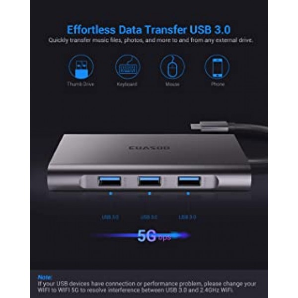 USB C 허브, USB C 어댑터, EUASOO 10 in 1 Thunderbolt 3 허브 1000M RJ45 이더넷, 4K HDMI, VGA, USB 3.0 포트 3개, PD 2.0 충전 포트, 카드 리더기, MacBook Chromebook과 호환되는 오디오 마이크 포트 더보기