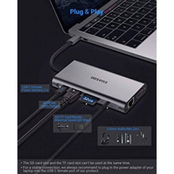 USB C 허브, USB C 어댑터, EUASOO 10 in 1 Thunderbolt 3 허브 1000M RJ45 이더넷, 4K HDMI, VGA, USB 3.0 포트 3개, PD 2.0 충전 포트, 카드 리더기, MacBook Chromebook과 호환되는 오디오 마이크 포트 더보기