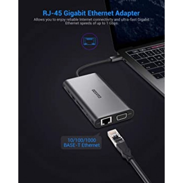 USB C 허브, USB C 어댑터, EUASOO 10 in 1 Thunderbolt 3 허브 1000M RJ45 이더넷, 4K HDMI, VGA, USB 3.0 포트 3개, PD 2.0 충전 포트, 카드 리더기, MacBook Chromebook과 호환되는 오디오 마이크 포트 더보기