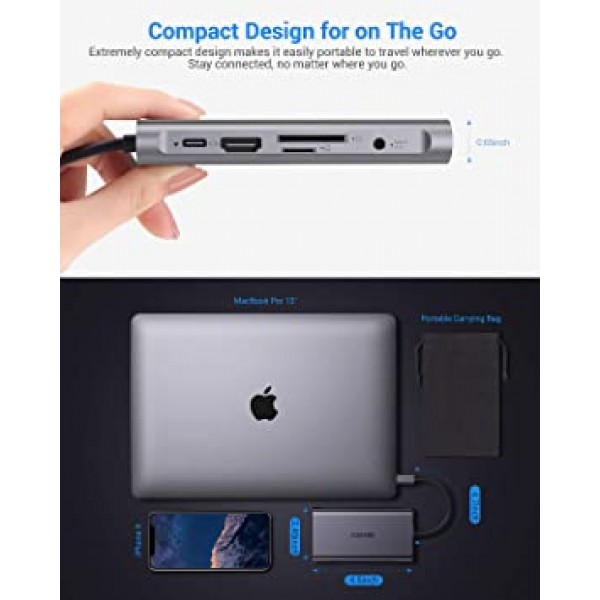 USB C 허브, USB C 어댑터, EUASOO 10 in 1 Thunderbolt 3 허브 1000M RJ45 이더넷, 4K HDMI, VGA, USB 3.0 포트 3개, PD 2.0 충전 포트, 카드 리더기, MacBook Chromebook과 호환되는 오디오 마이크 포트 더보기