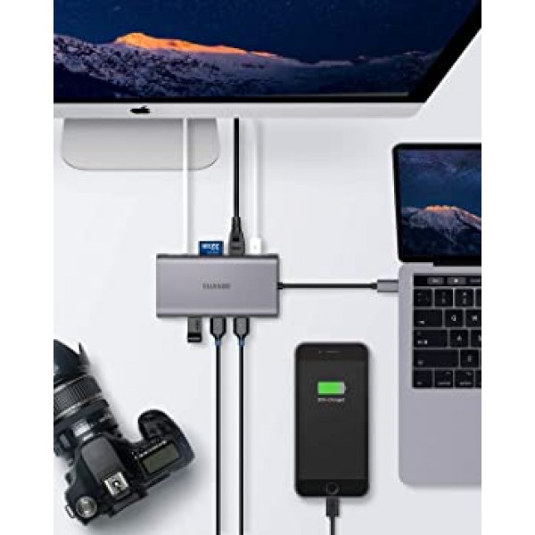 USB C 허브, USB C 어댑터, EUASOO 10 in 1 Thunderbolt 3 허브 1000M RJ45 이더넷, 4K HDMI, VGA, USB 3.0 포트 3개, PD 2.0 충전 포트, 카드 리더기, MacBook Chromebook과 호환되는 오디오 마이크 포트 더보기