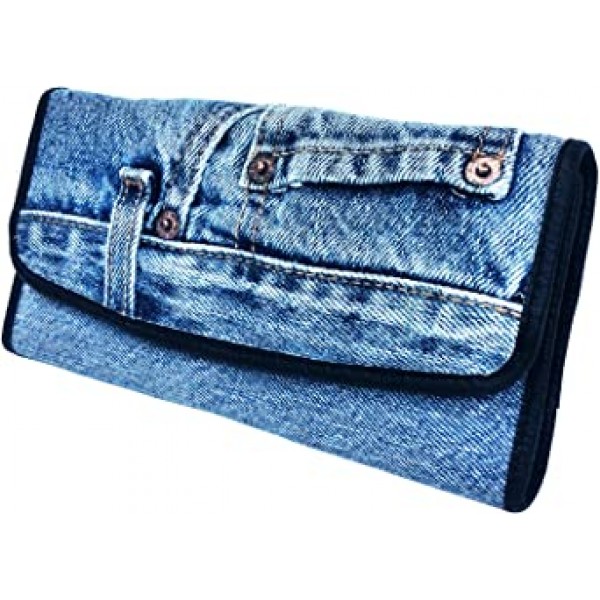 Bijoux De Ja Women Blue Denim Money Flap Roomy Wallet Wristlet Purse Clutch BMW014