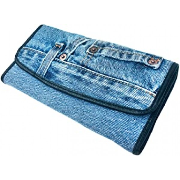 Bijoux De Ja Women Blue Denim Money Flap Roomy Wallet Wristlet Purse Clutch BMW014