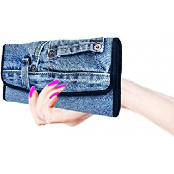 Bijoux De Ja Women Blue Denim Money Flap Roomy Wallet Wristlet Purse Clutch BMW014