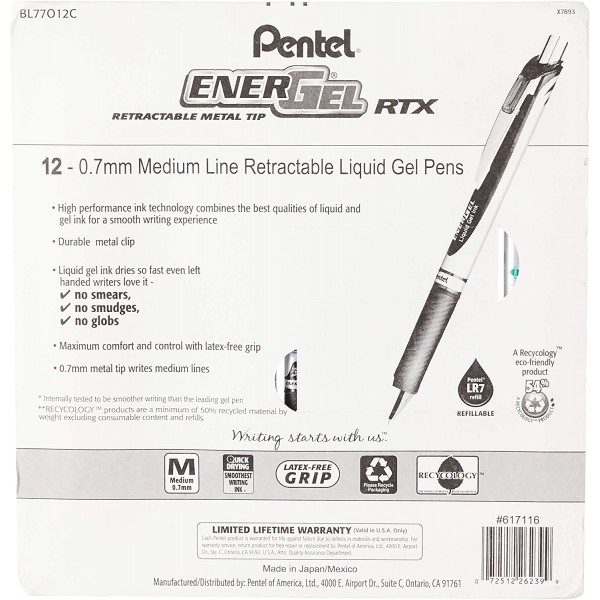 Pentel EnerGel RTX 개폐식 액체 젤 펜, 0.7mm 검정/파랑/빨강/녹색/보라색 잉크, 12팩(BL77O12C)