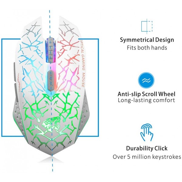 Q8 무선 게임용 컴퓨터 마우스, 2.4GHz USB 광 충전식 인체공학적 LED 무선 무음 마우스, 3개의 조정 가능한 DPI, 6개의 버튼, PC, 노트북, 노트북, 데스크탑(흰색)과 호환 가능