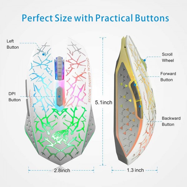 Q8 무선 게임용 컴퓨터 마우스, 2.4GHz USB 광 충전식 인체공학적 LED 무선 무음 마우스, 3개의 조정 가능한 DPI, 6개의 버튼, PC, 노트북, 노트북, 데스크탑(흰색)과 호환 가능
