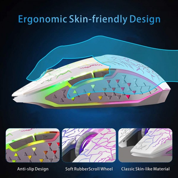 TENMOS M2 무선 게임용 마우스, 무소음 충전식 광 USB 컴퓨터 마우스 무선 7색 LED 조명, 인체공학적 디자인, 노트북/PC/노트북과 호환되는 3개의 조정 가능한 DPI, 6개의 버튼(흰색)