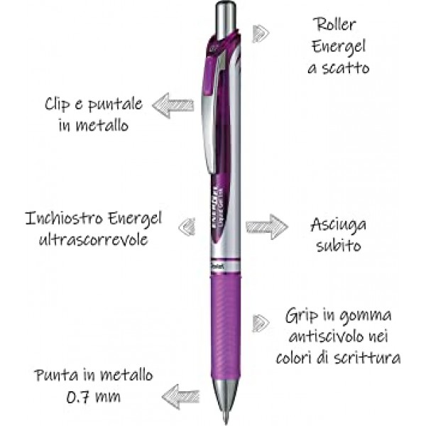 Pentel Energel XM 수납식 젤 펜, 팁 0.7mm, 선 너비 0.35mm - 보라색, 12개들이 팩