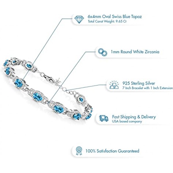 보석 스톤 킹 스위스 블루 토파즈 925 스털링 실버 여성용 테니스 팔찌 9.65 Cttw 타원형 7 인치 1 인치 익스텐더 포함