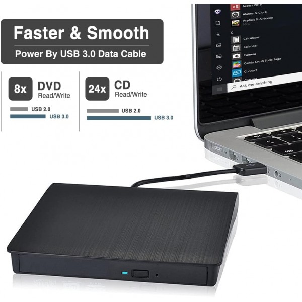 ROOFULL 외부 CD DVD/-RW 드라이브 USB 3.0 Protable USB DVD/CD ROM 버너 광학 드라이브 플레이어 리더 라이터 Windows 11/10/8/7 노트북 데스크탑 컴퓨터, Mac MacBook Pro/Air, iMac, 블랙(업데이트됨)