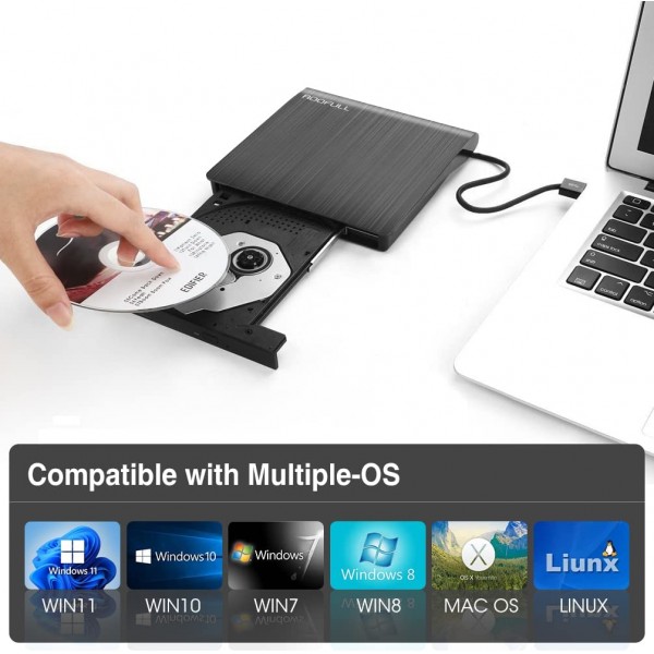 ROOFULL 외부 CD DVD/-RW 드라이브 USB 3.0 Protable USB DVD/CD ROM 버너 광학 드라이브 플레이어 리더 라이터 Windows 11/10/8/7 노트북 데스크탑 컴퓨터, Mac MacBook Pro/Air, iMac, 블랙(업데이트됨)