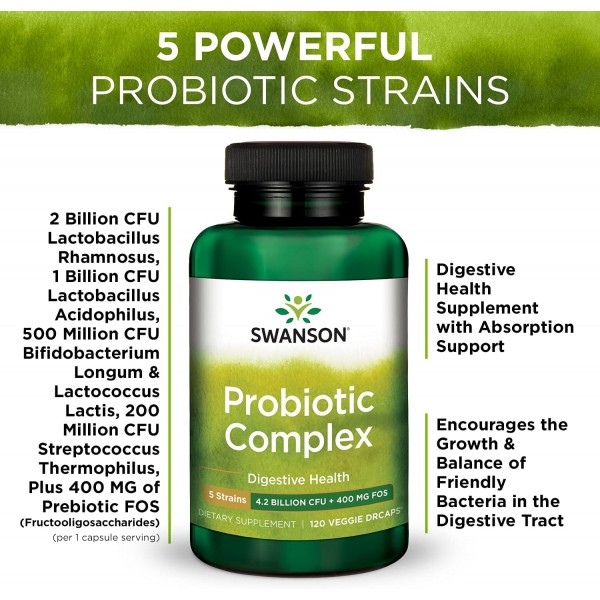 Swanson Probiotic Complex 42억 CFU 5-스트레인 소화기 건강 지방 대사 포만감 프리바이오틱 FOS ​​복합 보충제 120 식물성 DRcaps