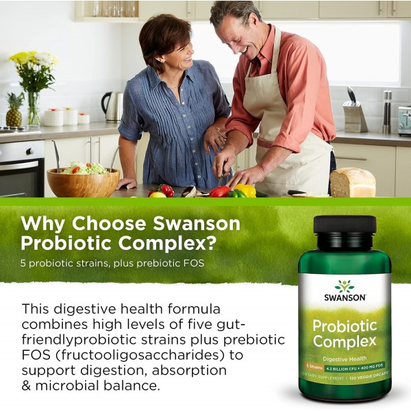 Swanson Probiotic Complex 42억 CFU 5-스트레인 소화기 건강 지방 대사 포만감 프리바이오틱 FOS ​​복합 보충제 120 식물성 DRcaps