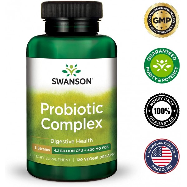 Swanson Probiotic Complex 42억 CFU 5-스트레인 소화기 건강 지방 대사 포만감 프리바이오틱 FOS ​​복합 보충제 120 식물성 DRcaps