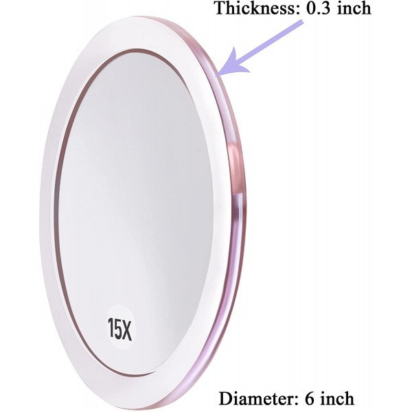 15X 확대 거울 - 3개의 장착 흡입 컵 포함 - 정확한 메이크업에 사용 - 눈썹/트위징 - 블랙헤드/흠 제거 - 욕실/여행 화장 거울 - 6인치 라운드(로즈 골드)