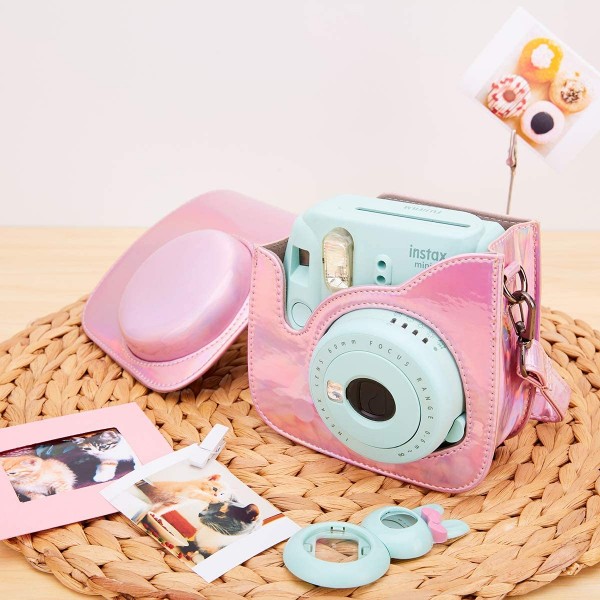 Instax Mini 9 즉석 카메라에 맞는 카메라 케이스, 탈부착 가능한 스트랩이 있는 Alohallo PU 가죽 보호 케이스 - 샤이닝 핑크