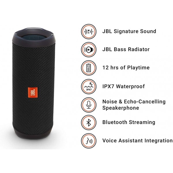 JBL Flip 4, 블랙 - 방수, 휴대용 & 내구성이 뛰어난 Bluetooth 스피커 - 최대 12시간의 무선 스트리밍 - 소음 제거 스피커폰, 음성 지원 & 제이비엘 커넥트