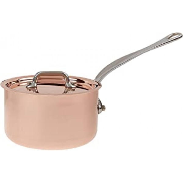 Mauviel Made In France M\'Heritage Copper M150S 뚜껑이 있는 0.9쿼트 냄비, 캐스트 스테인리스 스틸 손잡이.