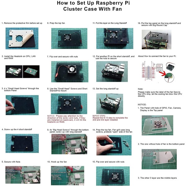 GeeekPi 라즈베리 파이 4 클러스터 케이스, 냉각 팬이 있는 라즈베리 파이 4 케이스 및 라즈베리 파이 4 방열판, 4 레이어 아크릴 케이스 파이 랙 케이스 라즈베리 파이 3B, 라즈베리 파이 3/2 모델 B용 스택형 케이스