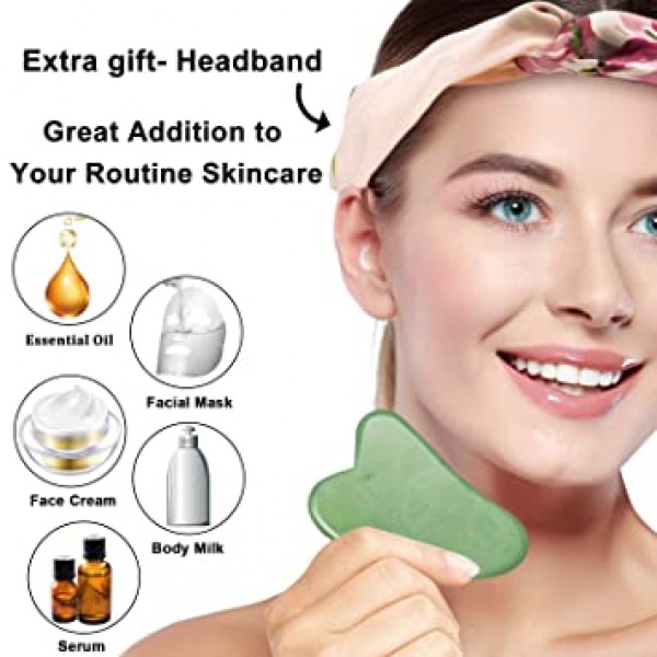 Jade Roller and Gua Sha Set 페이셜 툴 내추럴 뷰티 스킨 케어 마사지 얼굴, 눈, 목, 노화 방지 스크레이핑 바디 근육 릴랙싱 주름 완화, 무소음, 여성용 선물 (3개들이)