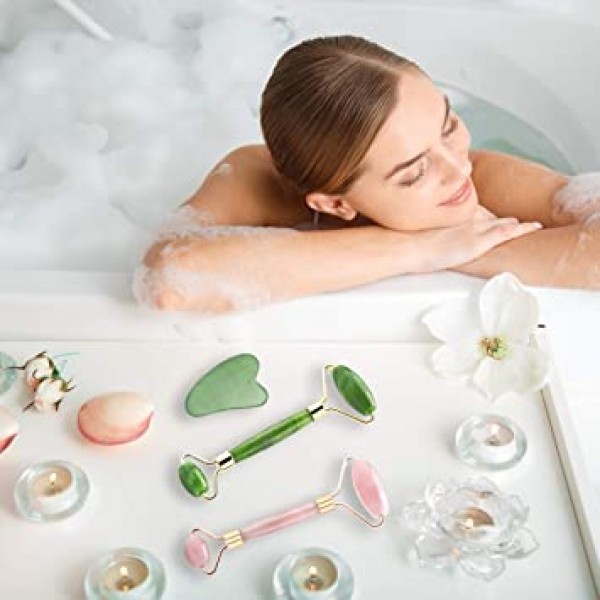 Jade Roller and Gua Sha Set 페이셜 툴 내추럴 뷰티 스킨 케어 마사지 얼굴, 눈, 목, 노화 방지 스크레이핑 바디 근육 릴랙싱 주름 완화, 무소음, 여성용 선물 (3개들이)