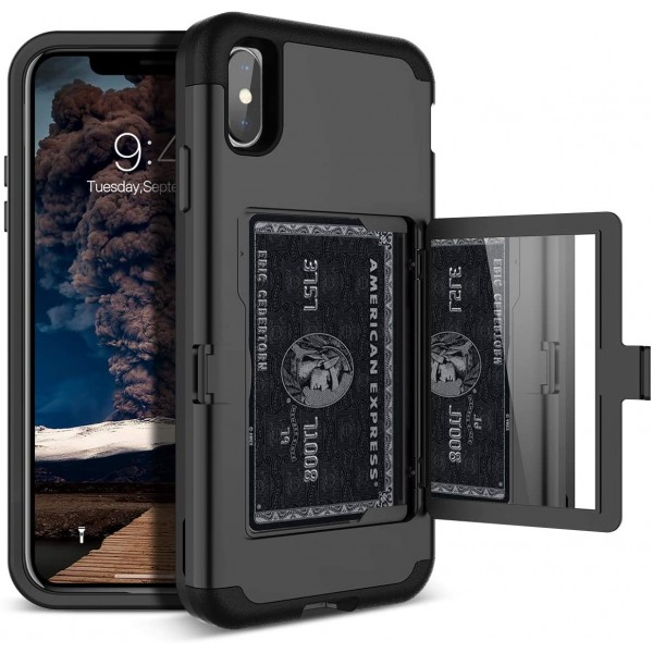 iPhone Xs Max 지갑 케이스 - WeLoveCase Defender 지갑 카드 홀더 커버, 히든 백 미러 포함 헤비 듀티 보호 3층 충격 방지 아머 iPhone Xs Max용 전체 보호 케이스 - 블랙