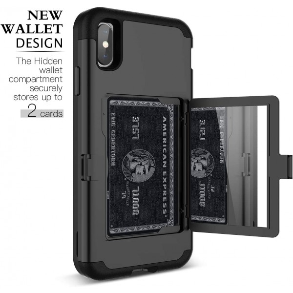 iPhone Xs Max 지갑 케이스 - WeLoveCase Defender 지갑 카드 홀더 커버, 히든 백 미러 포함 헤비 듀티 보호 3층 충격 방지 아머 iPhone Xs Max용 전체 보호 케이스 - 블랙