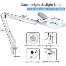 클램프가 있는 LED 돋보기 램프, KIRKAS 2,200루멘 조광 가능 슈퍼 브라이트 일광 5디옵터 돋보기, 조명 및 스탠드, 수리 공예품 읽기용 조정 가능한 회전 암 돋보기 램프-화이트