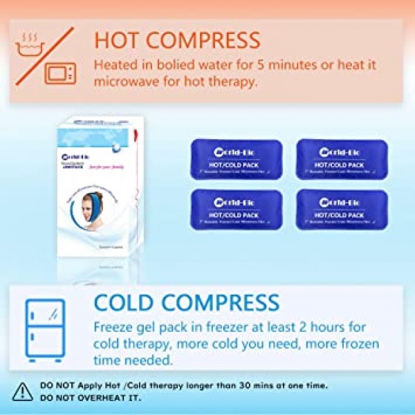 턱을 위한 안면 냉찜질, 부상을 위한 냉찜질 요법, 안면 턱 및 구강 수술 회복, TMJ, 사랑니, 치과 임플란트 및 편두통을 위한 통증 완화를 위한 랩이 포함된 4개의 재사용 가능한 젤 아이스 팩
