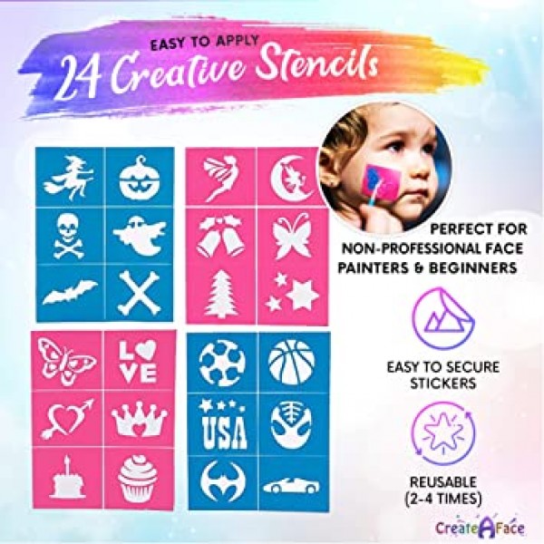 어린이용 페이스 페인팅 - 생생한 페이스 페인팅 색상, 스텐실 & 2 Brushes - Body Paint Face Paint Kids - Facepaint Kit Tutorials & E Book - 재미있고 사용하기 쉬운 & 저자 극성. 유아 청소년 및 성인