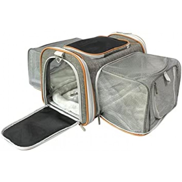 Mr. Peanut\'s Double Expandable Airline Approved Soft Sided Pet Carrier, 프리미엄 자동 잠금 지퍼가 있는 고급 여행용 토트백, 견고한 합판 베이스가 있는 플러시 인조 양털 침구, 18LX10.4WX11 H