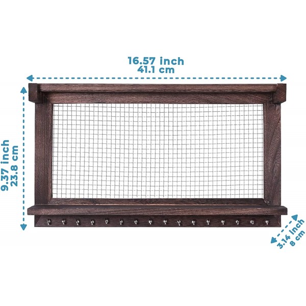 소박한 보석 정리함 – 이동식 팔찌 막대, 선반 및 16개 후크가 있는 벽걸이 형 보석 홀더 – 완벽한 귀걸이, 목걸이 및 팔찌 홀더 – 빈티지 보석 전시 – 토치 브라운