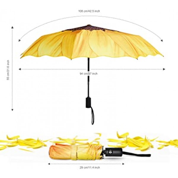 Plemo 자동 우산, 해바라기 패턴의 방풍 접이식 우산, 미끄럼 방지 고무 그립, 비즈니스 및 여행, 결혼식, 선물, 노란색을 위한 11.5인치 컴팩트 및 경량