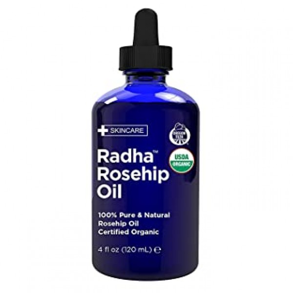 Radha Beauty USDA 인증 유기농 로즈힙 씨 오일, 100% 퓨어 콜드 프레스 - 얼굴, 모발, 피부 및 피부 보습을 위한 그레이트 캐리어 오일 손톱 - 4fl oz