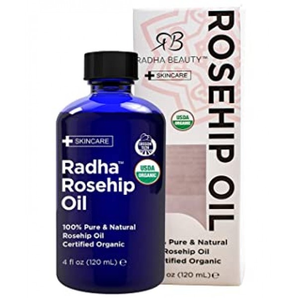 Radha Beauty USDA 인증 유기농 로즈힙 씨 오일, 100% 퓨어 콜드 프레스 - 얼굴, 모발, 피부 및 피부 보습을 위한 그레이트 캐리어 오일 손톱 - 4fl oz