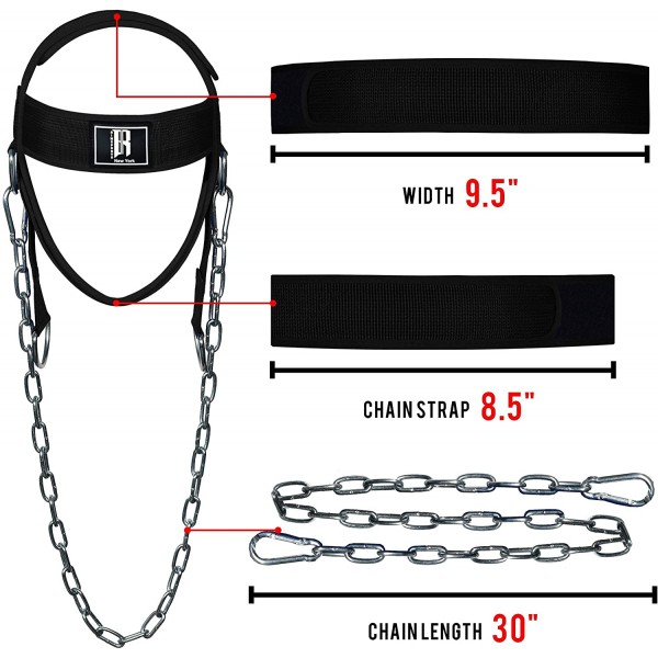 RIMSports 웨이트 트레이닝용 목 하네스 - 목 운동, 저항 운동 및 역도용 목 운동 장비 - 스틸 체인 및 더블 D 링이 있는 조절식 헤비 듀티 헤드 하네스
