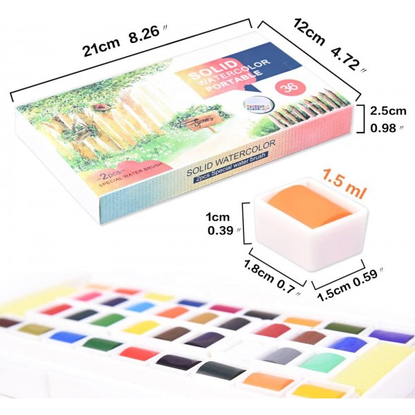 36 모듬 수채화 물감 세트 여행용 포켓 솔리드 워터 컬러 페인트 키트 물 브러쉬 포함 스폰지 혼합 팔레트 초급 아티스트를위한 전문 미술 용품 ​​저널 스케치 페인팅