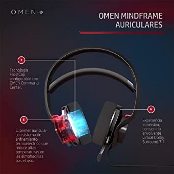 세계 최초의 FrostCap 능동 냉각 기술이 적용된 HP Mindframe PC 게임용 헤드셋의 OMEN(검정색)