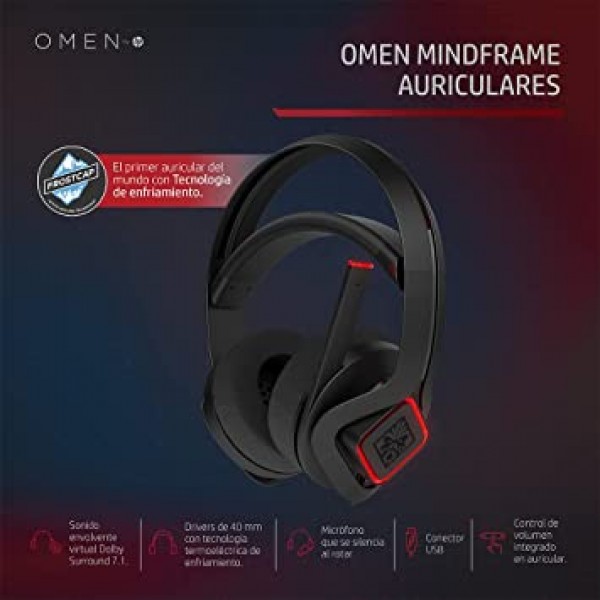 세계 최초의 FrostCap 능동 냉각 기술이 적용된 HP Mindframe PC 게임용 헤드셋의 OMEN(검정색)