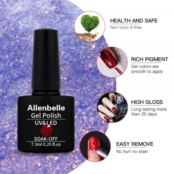 Allenbelle 젤 네일 폴리아 세트-2 pcs No Wipe Gel Top Coat And Base Coat Set-Soak Off LED Clear Gel Base Top 젤 광택 광택 마감 네일 아트 매니큐어 살롱 DIY 집에서