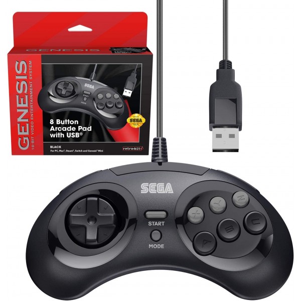 Retro-Bit 공식 Sega Genesis USB 컨트롤러 Sega Genesis Mini, Switch, PC, Mac, Steam, RetroPie, Raspberry Pi용 8버튼 아케이드 패드 - USB 포트 - 블랙