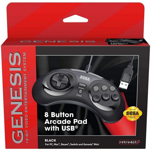 Retro-Bit 공식 Sega Genesis USB 컨트롤러 Sega Genesis Mini, Switch, PC, Mac, Steam, RetroPie, Raspberry Pi용 8버튼 아케이드 패드 - USB 포트 - 블랙