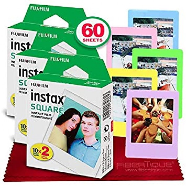 Fujifilm instax Square 즉석 필름(60회 노출) FujiFilm Instax Square SQ1, SQ6, SQ10 및 SQ20 즉석 카메라와 호환 가능 5색 액자 FiberTique 청소용 천