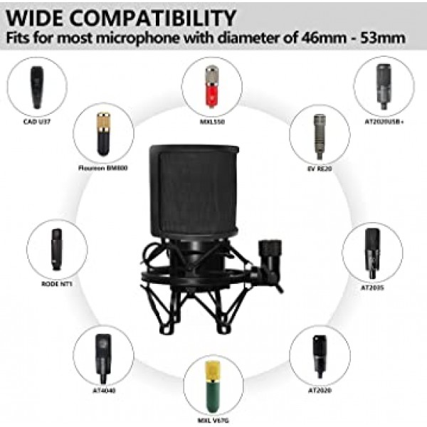 팝 필터가 있는 마이크 쇼크 마운트, 46mm-53mm 직경 마이크용 PEMOTech 마이크 방진 서스펜션 쇼크 마운트 홀더, AT2020 마이크 쇼크 마운트 보너스 나사 어댑터와 호환 가능
